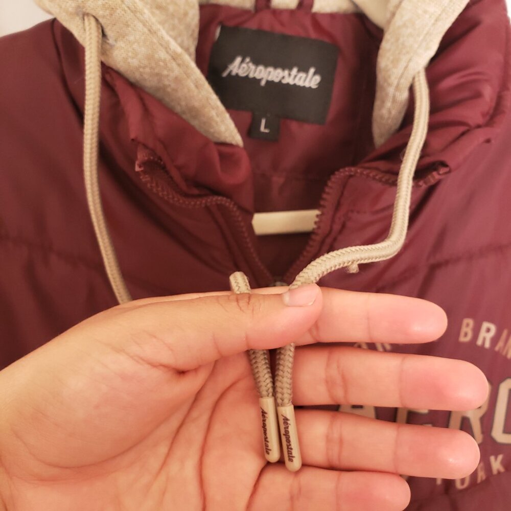 Aeropostale Beige Maroon Hoodie Varsity Bomber Quilted Zipper Jacket Size Large - Picture 12 of 16